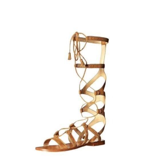 YDN Women Sexy Knee High Lace up Flats Fringe Low Heel Gladiator Strap Sandals S - Picture 1 of 8